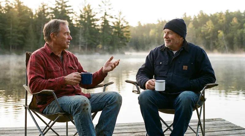Two men in their sixties talking with coffee mugs in folding chairs at the end of a lake dock