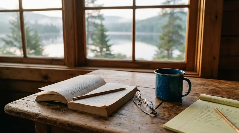 An open paperback, reading glasses and a mug of coffee on a cabin table by a lake window