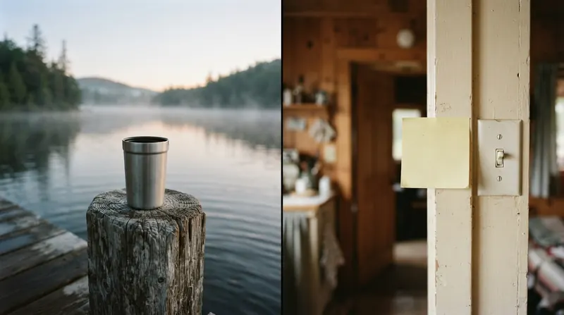 A thermos cup of coffee on a dock post beside yellow sticky notes on a cabin door frame, split in two