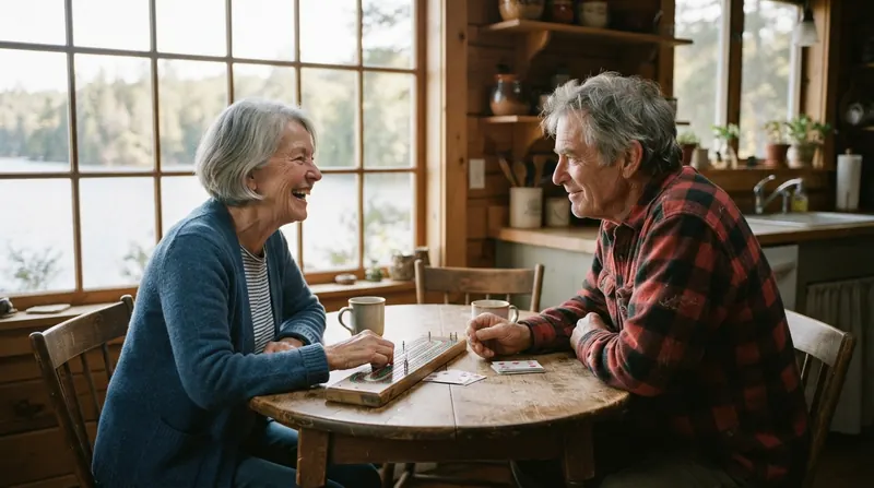 An older couple laughing and talking over a cribbage board at a cabin kitchen table by a lake window