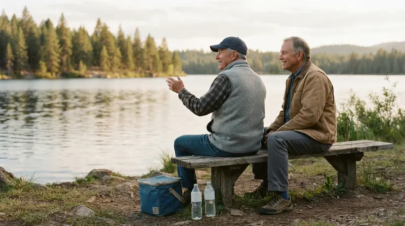 Two older men talking on a wooden bench at the edge of a lake in late afternoon light