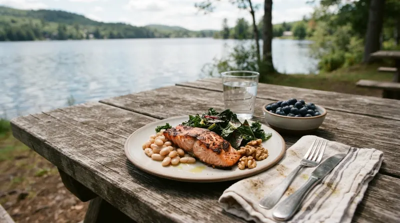A lakeside lunch of salmon, beans, greens, walnuts and blueberries with a glass of water