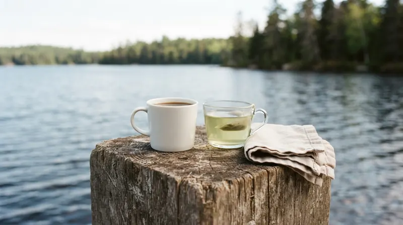 A mug of black coffee and a glass cup of green tea side by side on a dock post by a still lake