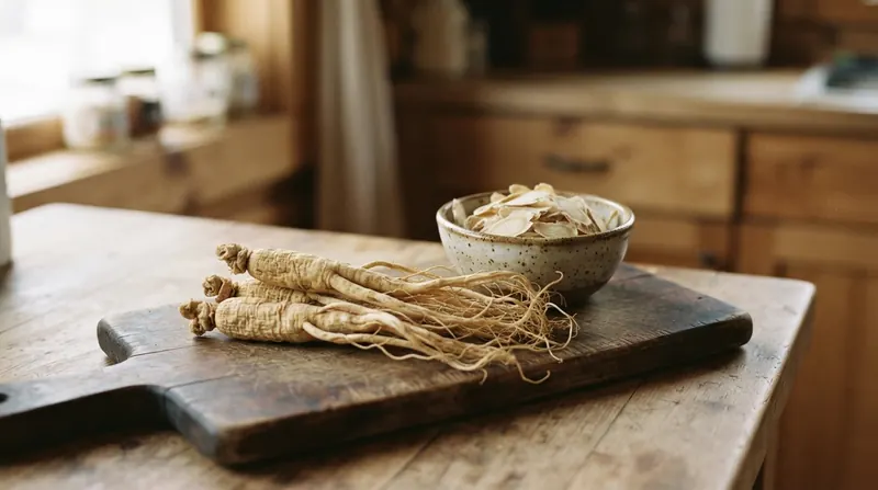 Whole dried ginseng roots and a bowl of sliced ginseng on a wooden cutting board