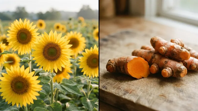 Sunflower heads in a field beside fresh turmeric roots with one cut open, split in two
