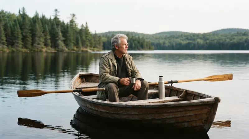 A grey-haired man rowing a small wooden boat across a still lake in mid-morning light