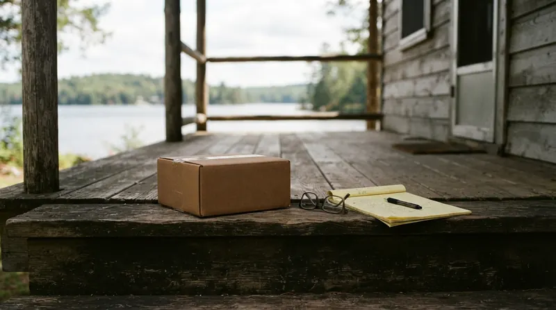 A plain cardboard shipping box on a cabin porch step beside reading glasses and a legal pad