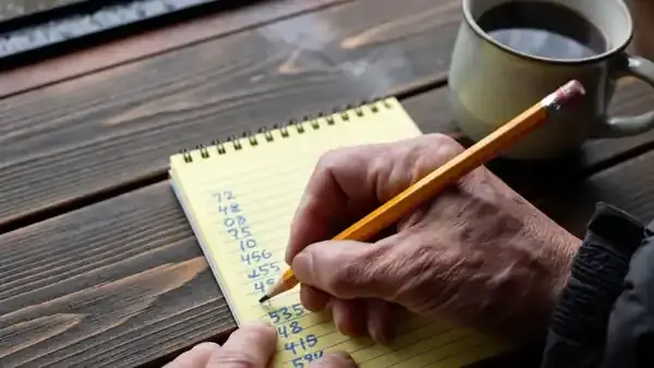 A hand writing a column of numbers with a pencil on a yellow legal pad at a cabin table