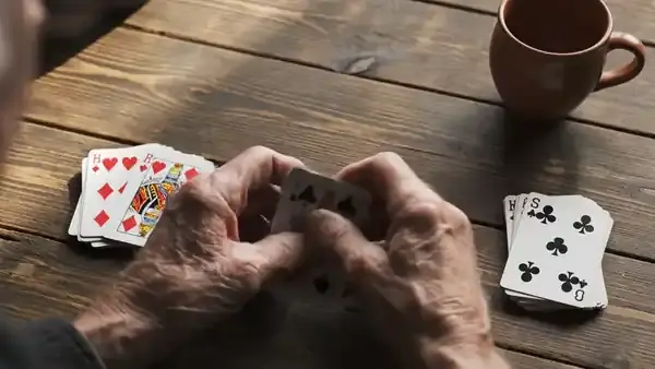 Two hands sorting playing cards into two piles by color on a wooden cabin table