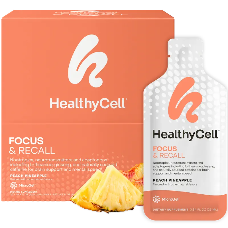 The white box of HealthyCell Focus & Recall, thirty gel packs of 25 milliliters each